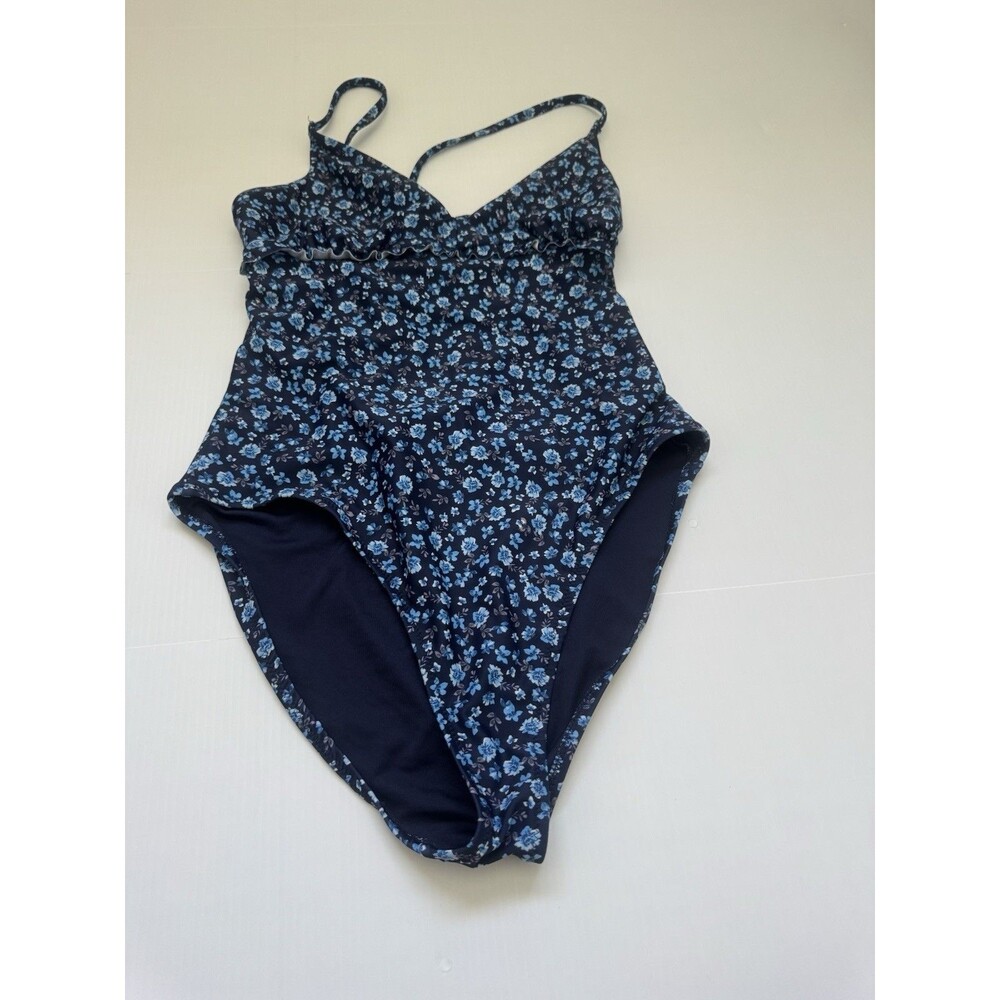Women’s One Piece Swimsuit Blue Floral Ruffle Tie Back Size M